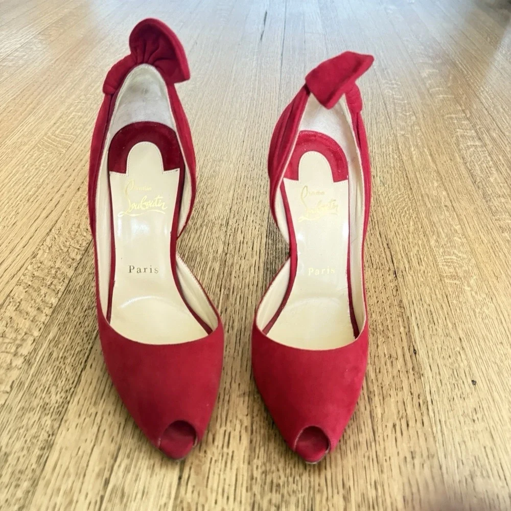 CHRISTIAN LOUBOUTIN Suede Barbara 100 Peep Toe Pumps 36 Oeillet size 37.5